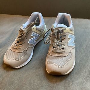 New Balance WL574FLC Tan Suede with light blue accents